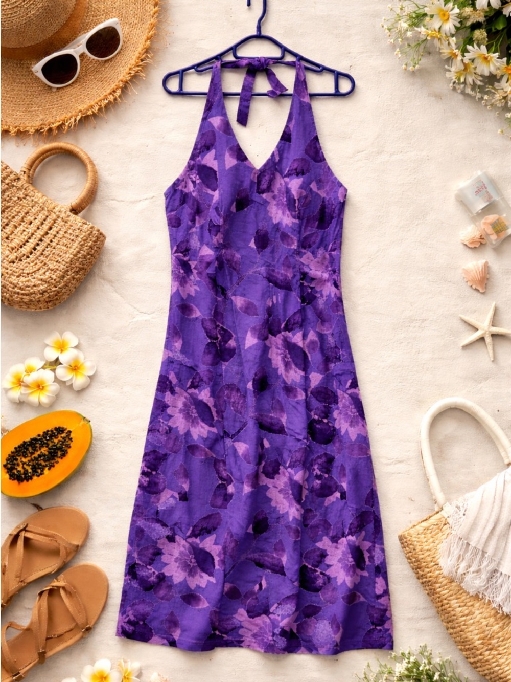 Vintage Monsoon Halter V-Neck Floral Dress in Purple